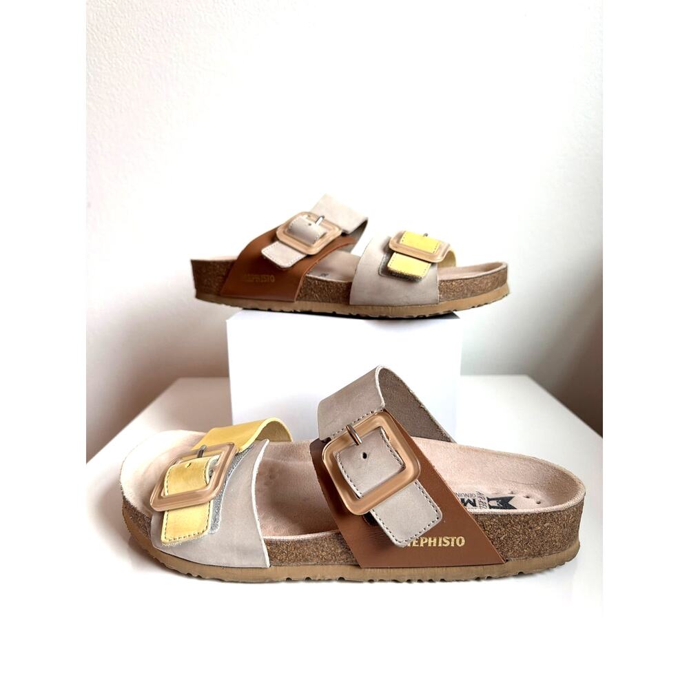 Mephisto Soft-Air Leather Two-Strap Comfort Sandals Beige&Yellow Colorblock | 38